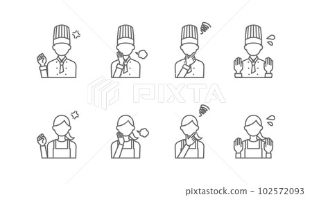 Illustration of a chef with negative emotions and a woman in an apron. Simple line drawing icon set. 102572093