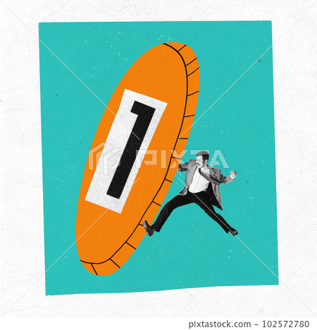 Contemporary art collage with businessman, office clerk who sick of be a leader, best worker over green background. Big golden coin 102572780