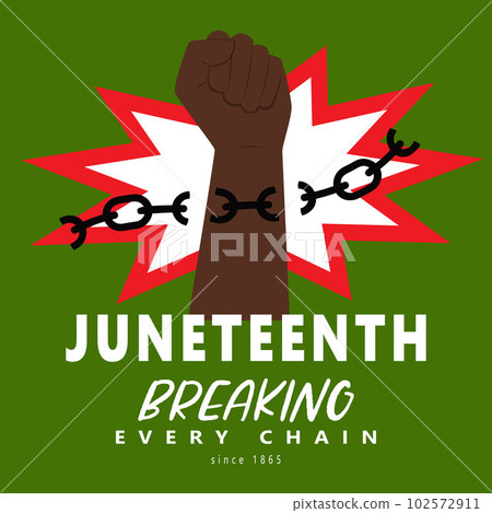A Raised Clenched Fist Breaking Every Chain Since 1865. Symbol Of Freedom Of The African American People. Juneteenth Freedom Day. National Independence Day. Vector Illustration On Green Background 102572911