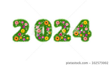 3D rendering green year 2024 made out of grass flowers 3D rendering green year 2024 made out of grass flowers 102573002