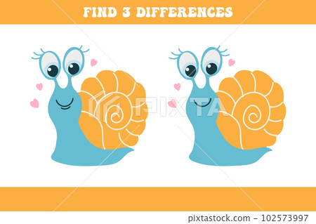 Find 3 differences between two cartoon snails. Children's logic game, educational puzzle, vector 102573997