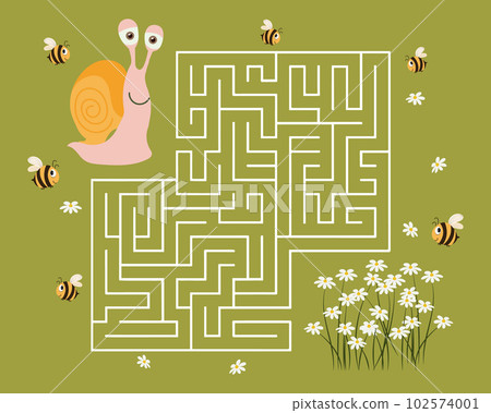 Educational maze for kids with cartoon snails. Children's game, educational puzzle, vector Educational maze for kids with cartoon snails. Children's game, educational puzzle, vector 102574001