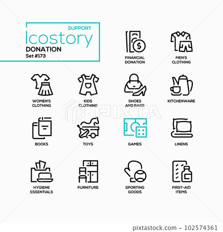Donation of finances and essentials - line design style icons set Donation of finances and essentials - line design style icons set 102574361