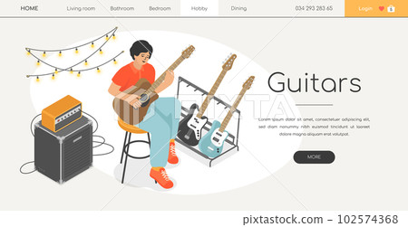 Acoustic and electric guitars - modern isometric web banner Acoustic and electric guitars - modern isometric web banner 102574368