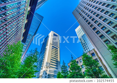 日本東京城市景觀 “Otemachi Ekimae”十字路口的辦公樓和新鮮綠化景觀 102574455