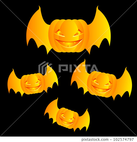 Flying angry and scary yellow pumpkins with bats wings on a black background. Halloween theme. Vector illustration. 102574797