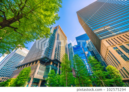 Tokyo cityscape in Japan View of Marunouchi office buildings bathed in fresh greenery and sunset from Otemachi side Tokyo cityscape in Japan View of Marunouchi office buildings bathed in fresh greenery and sunset from Otemachi side 102575294