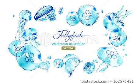 Frame decoration with a watercolor illustration of a cool jellyfish. (Vector. Layout changeable) Frame decoration with a watercolor illustration of a cool jellyfish. (Vector. Layout changeable) 102575451