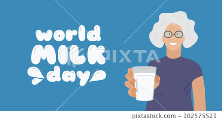 World Milk Day. Horizontal blue background design. An elderly woman holds a glass of milk. Template for a website, poster, banner, flyer. Vector illustration. World Milk Day. Horizontal blue background design. An elderly woman holds a glass of milk. Template for a website, poster, banner, flyer. Vector illustration. 102575521