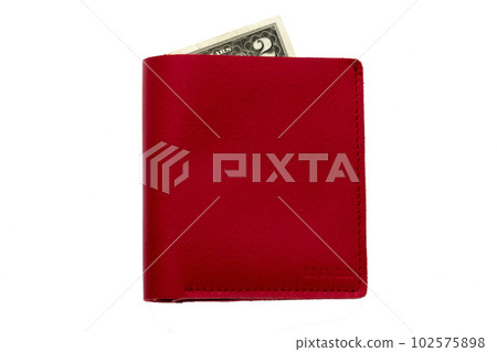 Red purse with money on white background.Compact wallet 102575898