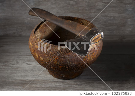 Antique Rustic Pan Cast Iron and Ax 102575923