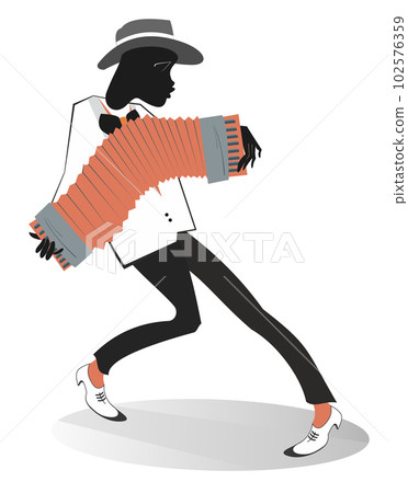 African man playing accordion. African musician playing accordion with inspiration. Isolated on white background 102576359