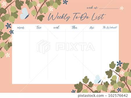 Printable weekly planner concept with green gooseberry plant illustration Printable weekly planner concept with green gooseberry plant illustration 102576642