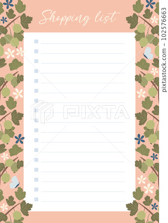 Printable shopping list concept with green gooseberry plant illustration 102576663
