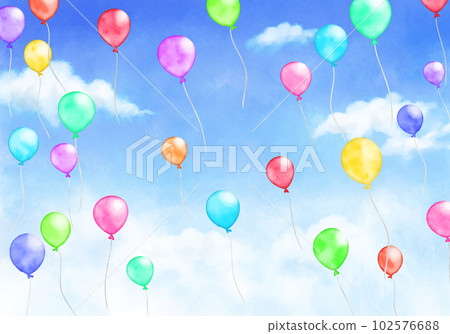 Hand drawn watercolor blue sky and colorful balloons Hand drawn watercolor blue sky and colorful balloons 102576688