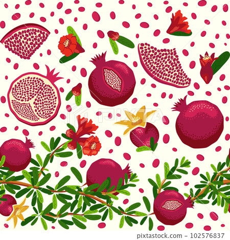 Pomegranate branches with fruits and flowers Seamless pattern. Bright leaves and fruits. Jewish New Year Pomegranate branches with fruits and flowers Seamless pattern. Bright leaves and fruits. Jewish New Year 102576837
