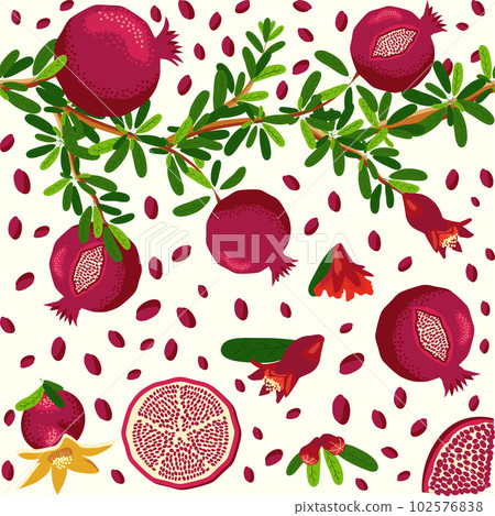 Pomegranate branches with fruits and flowers Seamless pattern. Bright leaves and fruits. Jewish New Year Pomegranate branches with fruits and flowers Seamless pattern. Bright leaves and fruits. Jewish New Year 102576838