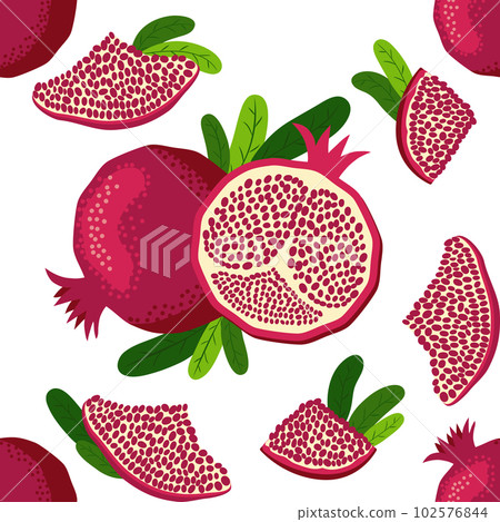 Seamless pattern with pomegranates. Decorative patterns of the pomegranate fruit. Shana Tova, Jewish New Year Seamless pattern with pomegranates. Decorative patterns of the pomegranate fruit. Shana Tova, Jewish New Year 102576844
