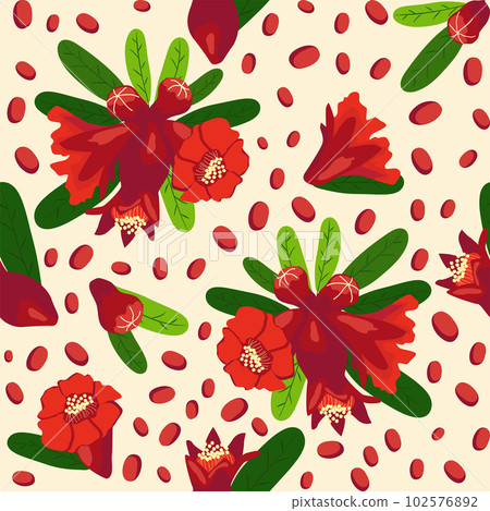 Pomegranate flowers Seamless pattern. Bright leaves and flowers. Shana Tova seamless pattern. Jewish New Year 102576892