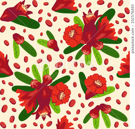 Pomegranate flowers Seamless pattern. Bright leaves and flowers. Shana Tova seamless pattern. Jewish New Year Pomegranate flowers Seamless pattern. Bright leaves and flowers. Shana Tova seamless pattern. Jewish New Year 102576893