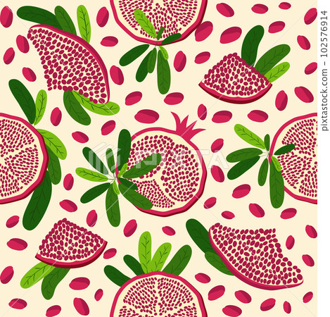 Pomegranate fruit seamless pattern. Bright leaves and fruits, seeds and lobules. Shana Tova seamless pattern 102576914
