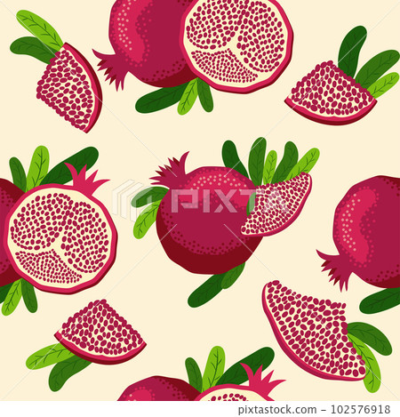 Pomegranate fruit seamless pattern. Bright leaves and fruits, seeds and lobules. Shana Tova seamless pattern Pomegranate fruit seamless pattern. Bright leaves and fruits, seeds and lobules. Shana Tova seamless pattern 102576918