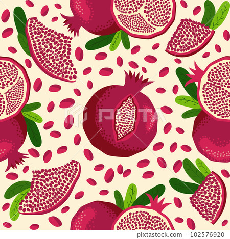 Pomegranate fruit seamless pattern. Bright leaves and fruits, seeds and lobules. Shana Tova seamless pattern Pomegranate fruit seamless pattern. Bright leaves and fruits, seeds and lobules. Shana Tova seamless pattern 102576920