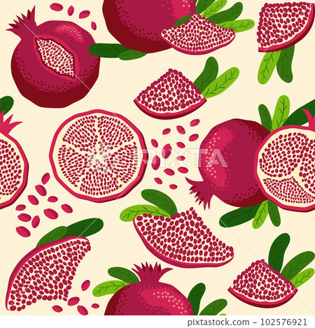 Pomegranate fruit seamless pattern. Bright leaves and fruits, seeds and lobules. Shana Tova seamless pattern Pomegranate fruit seamless pattern. Bright leaves and fruits, seeds and lobules. Shana Tova seamless pattern 102576921