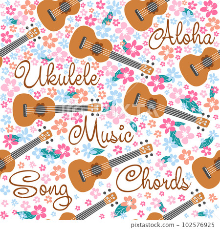 Ukulele seamless pattern, ukulele. Pattern with monstera, leaves, flowers, notes, inscriptions 102576925