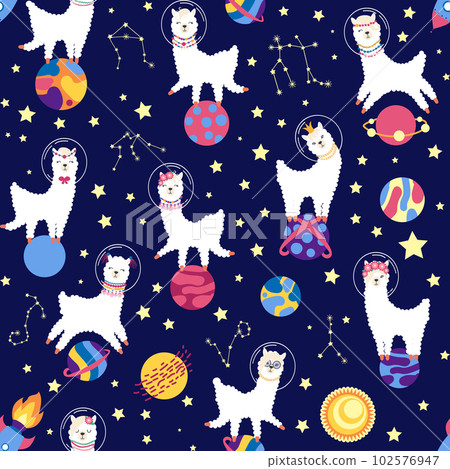 Seamless pattern with lama in a rocket, in space. Lama travels, adventures among the stars. Cute pattern with alpaca 102576947