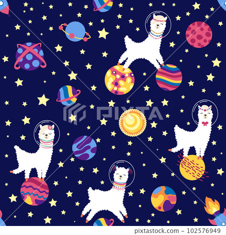 Seamless pattern with lama in a rocket, in space. Lama travels, adventures among the stars. Cute pattern with alpaca Seamless pattern with lama in a rocket, in space. Lama travels, adventures among the stars. Cute pattern with alpaca 102576949