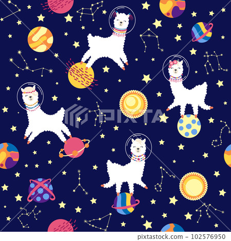 Seamless pattern with lama in a rocket, in space. Lama travels, adventures among the stars. Cute pattern with alpaca 102576950