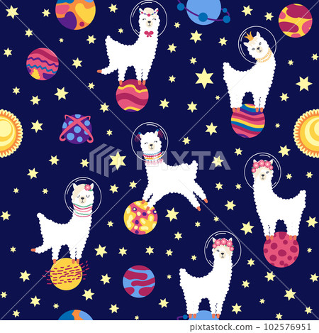 Seamless pattern with lama in a rocket, in space. Lama travels, adventures among the stars. Cute pattern with alpaca 102576951