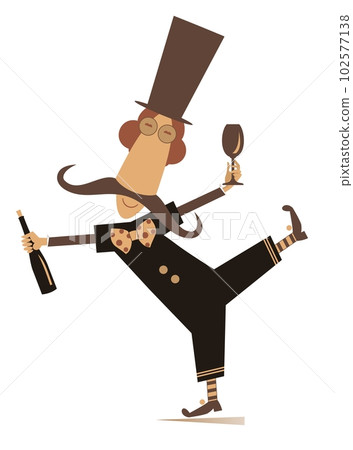Man in the top hat with bottle of wine and vine glass. Dancing long mustache man in the top hat with bottle of wine and vine glass. Illustration on white background Man in the top hat with bottle of wine and vine glass. Dancing long mustache man in the top hat with bottle of wine and vine glass. Illustration on white background 102577138