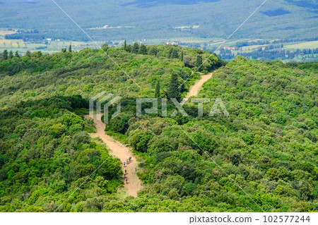 Unrecognisable mountain bikers ride on a firebreak trail over the beautiful landscape with its hills in Tuscany, Massa Marittima, Italy 102577244