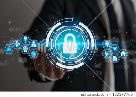 Businessman Hand and Finger Touching Screen and UI HUD Blue Lock Security Sign Businessman Hand and Finger Touching Screen and UI HUD Blue Lock Security Sign 102577766