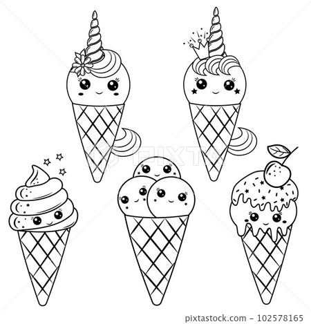 Kawaii unicorn ice cream dessert in a waffle cup, black outline, vector illustration in doodle style. 102578165