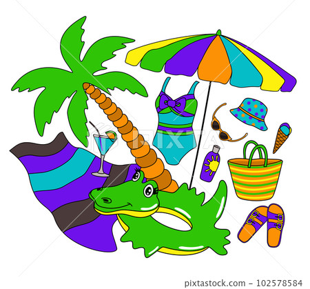 Vector bright summer collection of beach accessories. Umbrella, panama, swimsuit, sunglasses, bag, flip-flops, icecream, cocktail, swimming circle, sunscreen, towel, palm tree. 102578584