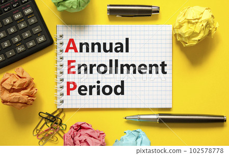 AEP symbol. Concept words AEP Annual enrollment period on beautiful white note. Beautiful yellow table yellow background. Calculator. Medical and AEP Annual enrollment period concept. Copy space. AEP symbol. Concept words AEP Annual enrollment period on beautiful white note. Beautiful yellow table yellow background. Calculator. Medical and AEP Annual enrollment period concept. Copy space. 102578778