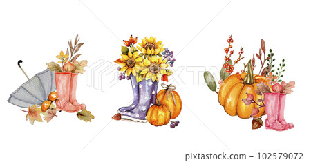 Watercolor hand drawn autumn square frame. Illustration of autumn. Perfect for scrapbooking, kids design, wedding invitation, posters, greetings cards, party decoration. 102579072