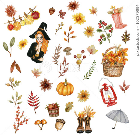Watercolor hand drawn autumn leaves and pumpkins composition. Illustration of autumn. Perfect for scrapbooking, kids design, wedding invitation, posters, greetings cards, party decoration. 102579094