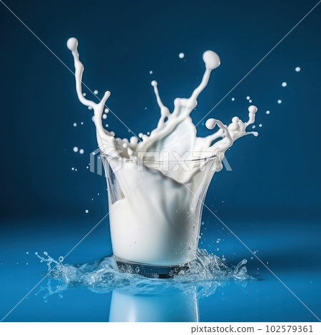 A close-up of milk splash on blue surface, capturing the texture and beauty of liquid is AI Generative. A close-up of milk splash on blue surface, capturing the texture and beauty of liquid is AI Generative. 102579361
