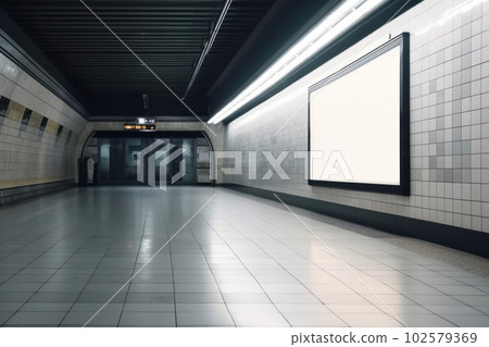 The blank screen of a TV mockup contrasts with the historic architecture of an abandoned subway station. is AI Generative 102579369