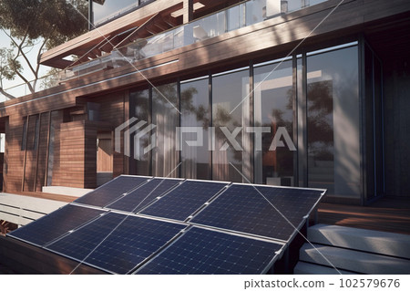 Modern white house with a garden and solar panels on the roof against the blue sky. AI generated. Modern white house with a garden and solar panels on the roof against the blue sky. AI generated. 102579676