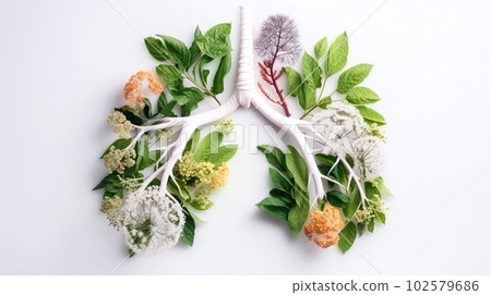 Health Day, the concept of human lungs in the form of grass and trees. AI generated. White background. Health Day, the concept of human lungs in the form of grass and trees. AI generated. White background. 102579686