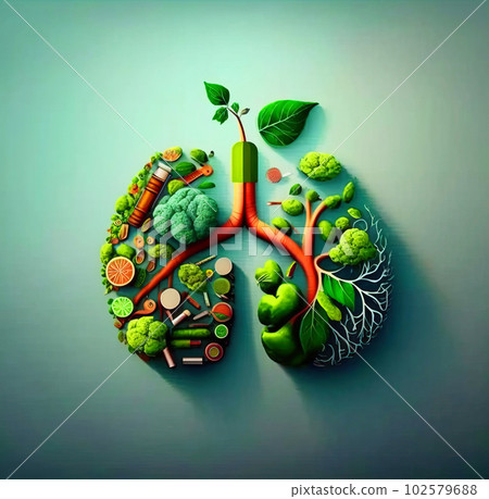 Health Day, the concept of human lungs in the form of grass and trees. AI generated. Green background. 102579688