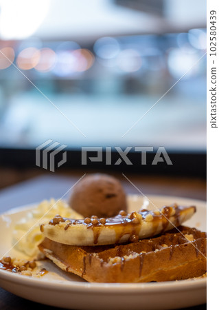 Chocolate waffle with ice cream served on plate Chocolate waffle with ice cream served on plate 102580439