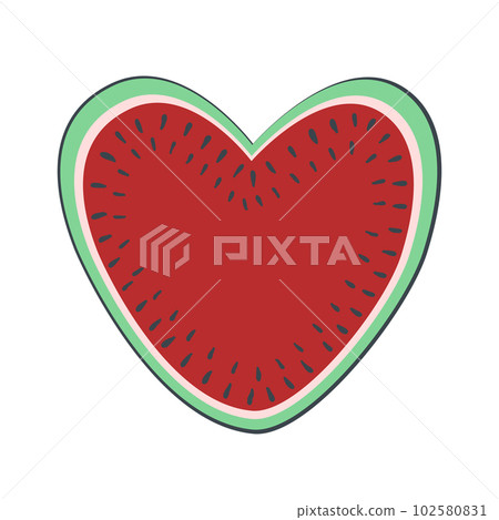 Cute heart shape watermelon slice. Summer taste concept, design element for Valentines day. Flat cartoon style, vector isolated illustration. 102580831