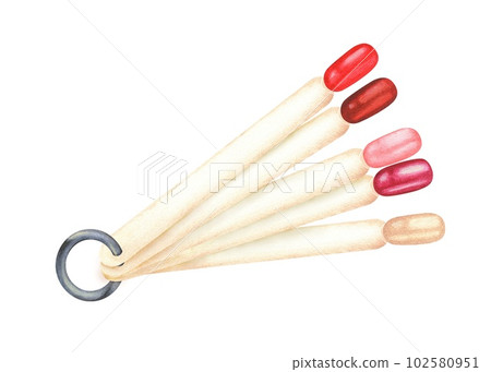 Watercolor illustration. A palette of nail polish color samples. Swatch of shellac, gel polish. Hand-drawn and isolated on white background object. For manicurists, beauty salons, cosmetic stores Watercolor illustration. A palette of nail polish color samples. Swatch of shellac, gel polish. Hand-drawn and isolated on white background object. For manicurists, beauty salons, cosmetic stores 102580951