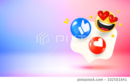 Chat bubble with social media reactions. 3d vector banner with copy space Chat bubble with social media reactions. 3d vector banner with copy space 102581841
